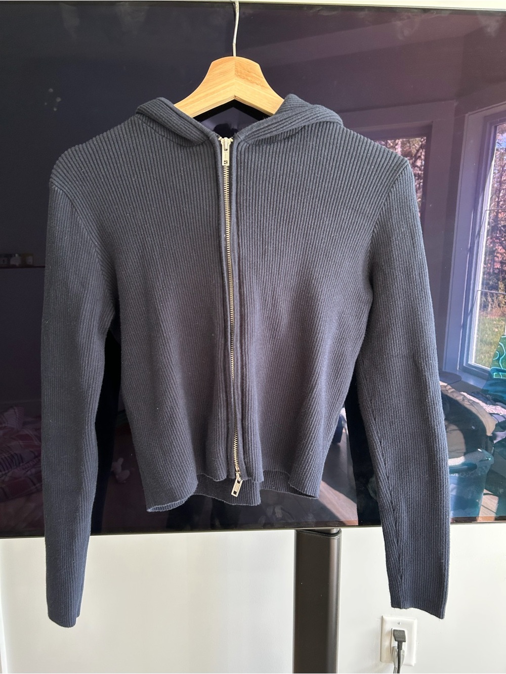 Brandy Melville Navy Ribbed Zip Hoodie